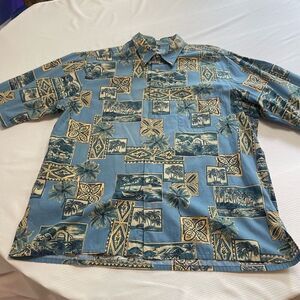 Reyn Spooner VTG Blue Palm Short Sleeve Button Up Shirt Size XL